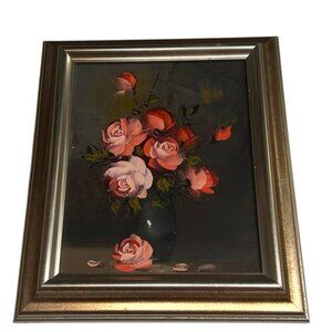 Hand Painted Framed floral Painting 13”x11” Cottagecore, Dark academia